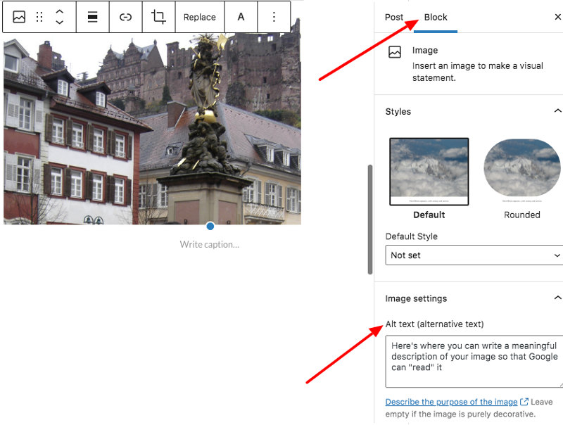 Screenshot showing how to add alt tags on images in WordPress