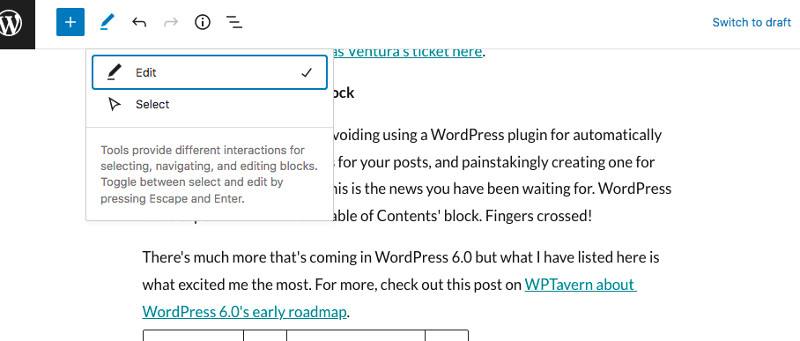 WordPress 6.0 updates - editor browse mode
