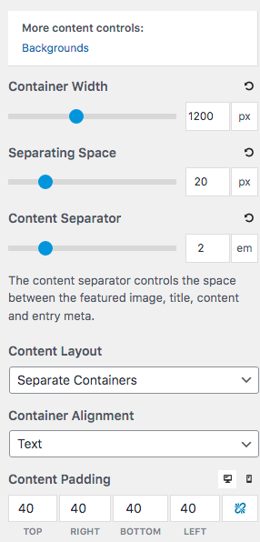 Snapshot of GeneratePress Premium Container Layout Settings