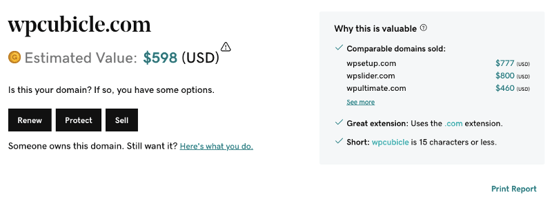 Godaddy domain name appraisal example